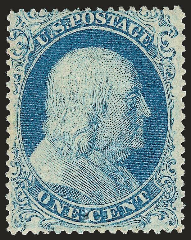 1c Blue, Ty. I (18). Mint N.H.,> radiant color on post-office fresh paper, choice centering for this difficult issue<><>^VERY FINE AND CHOICE. AN ATTRACTIVE AND RARE MINT NEVER-HINGED EXAMPLE OF THE 1857 ONE-CENT
TYPE I PERFORATED ISSUE.^<><>With