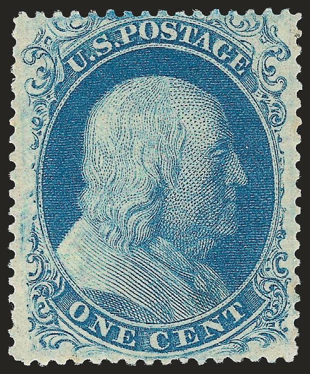 1c Blue, Ty. II (20). Mint N.H.,> brilliant color on crisp paper, beautiful centering with wide balanced margins<><>^EXTREMELY FINE. AN EXCEEDINGLY RARE MINT NEVER-HINGED EXAMPLE OF THE PERFORATED ONE-CENT TYPE
II. THIS IS ONLY THE FOURTH MINT NEVE