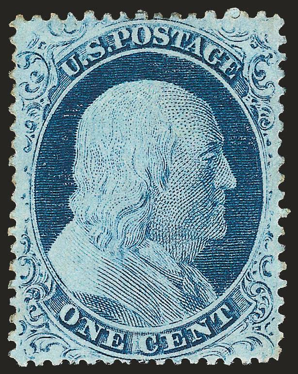 1c Blue, Ty. IV (23).> Original gum described on new P.S.E. certificate as slightly disturbed, but the earlier P.F. certificates states original gum -- in our opinion, the gum is intact and does not deserve the
disturbed qualifier -- recut once