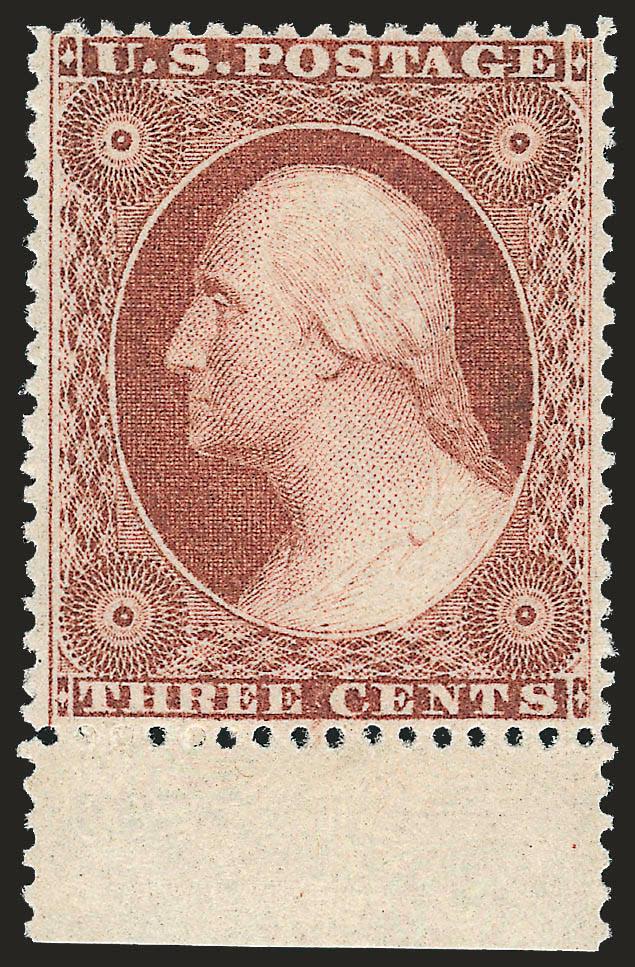3c Dull Red, Ty. III (26). Mint N.H.,> with sheet selvage at bottom, unusually choice centering with well-proportioned margins, brilliant color<><>^EXTREMELY FINE GEM. A SUPERB MINT NEVER-HINGED EXAMPLE OF THE
1857 3-CENT DULL RED TYPE III, WHICH H