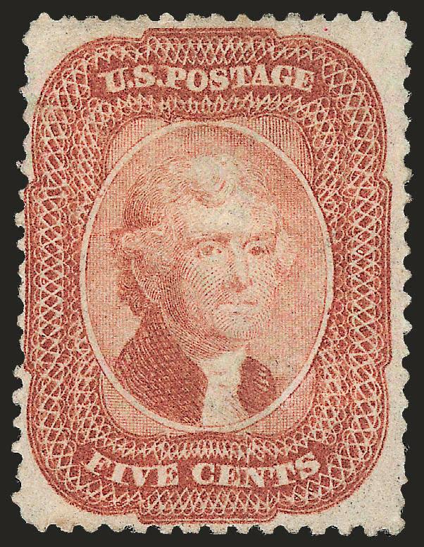 5c Brick Red (27).> Original gum, radiant color in the distinctive Brick Red shade, projections completely clear of perforations on three sides and barely touched at left<><>^VERY FINE. AN AN EXTREMELY RARE SOUND
ORIGINAL-GUM EXAMPLE OF THE 1857 5-