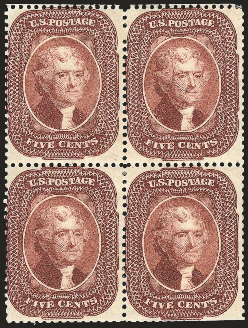 5c Red Brown (28).> Block of four, original gum, 1856 shade, perfs scissors-separated, a few trimmed perfs at bottom right<><>^FINE. AN EXCEEDINGLY RARE ORIGINAL-GUM BLOCK OF FOUR OF THE 5-CENT RED BROWN 1857
ISSUE. THIS ISSUE IS ALMOST IMPOSSIBLE