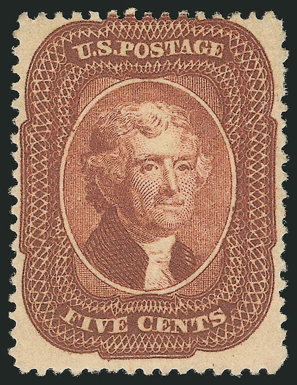 5c Indian Red (28A).> Original gum about three-quarters full (certified as large part original gum), beautiful color in the true Indian Red shade, detailed impression clearly showing the lathework
background<><>^VERY FINE AND CHOICE. A MAGNIFICEN