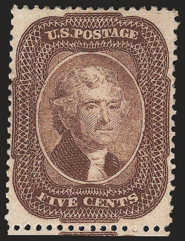 5c Deep Brown (29 var).> Original gum, choice centering for this difficult issue with intact perforations at bottom and with perfs clear of outer projections on all sides, rich color and detailed
impression<><>^EXTREMELY FINE ORIGINAL-GUM EXAMPLE O