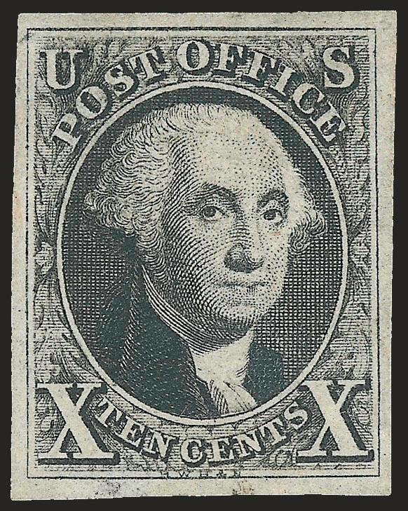 10c Black (2).> Original gum, large to huge margins all around, intense shade and proof-like impression clearly showing every detail of the engraving<><>^EXTREMELY FINE. THIS IS EASILY ONE OF THE FINEST
ORIGINAL-GUM EXAMPLES OF THE 10-CENT 1847 ISS