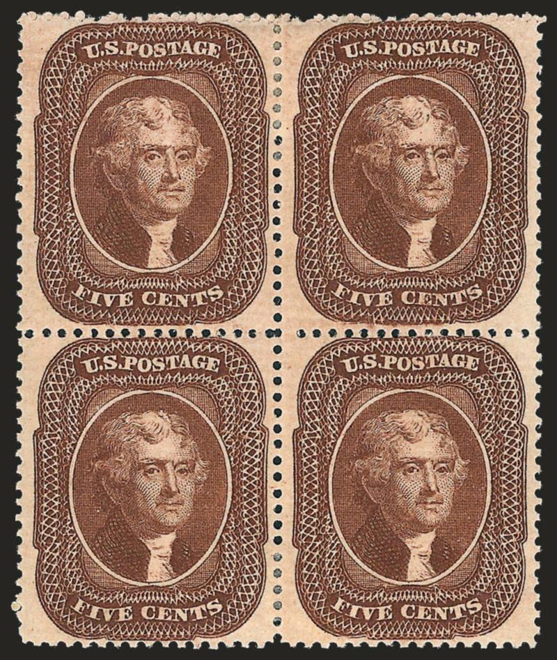 5c Brown, Ty. II (30A).> Block of four, original gum, small h.r. at top and bottom center, dark color, detailed impression, beautiful centering for this difficult issue with perforations well clear of the design
on all four stamps, bottom left stamp