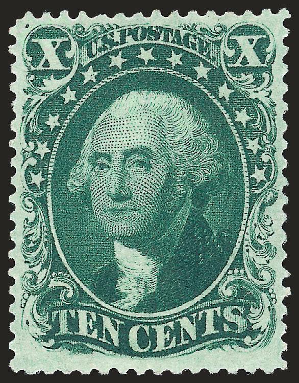 10c Green, Ty. II (32). Mint N.H.,> deep rich color and proof-like impression which positively jumps off of the paper, gorgeous centering with perforations not just clear of the design, but the design is framed
all around by a wide margin of bright