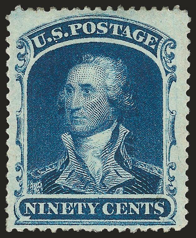 90c Blue (39).> Original gum, lightly hinged, intense shade and impression, wide margins<><>^VERY FINE AND CHOICE. AN ATTRACTIVE ORIGINAL-GUM EXAMPLE OF THE 90-CENT 1860 ISSUE.^<><>With 1990 P.F.
certificate