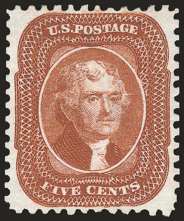 5c Orange Brown, Reprint (42).> Without gum as issued, rich color on bright paper, detailed impression, gorgeous centering<><>^EXTREMELY FINE GEM EXAMPLE OF THE 5-CENT 1857 REPRINT. THIS STUNNING STAMP HAS BEEN
GRADED XF-SUPERB 95 BY P.S.E., WHICH