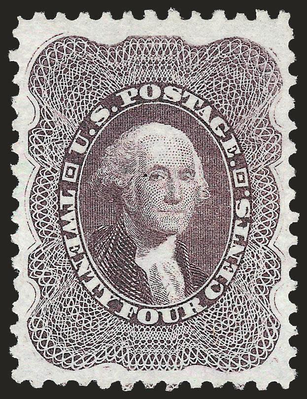 24c Blackish Violet, Reprint (45).> Without gum as issued, intense shade and impression on post-office fresh paper, unusually choice centering with wide and balanced margins<><>^EXTREMELY FINE GEM. A SUPERB
EXAMPLE OF THE 24-CENT 1857 REPRINT. SCAR