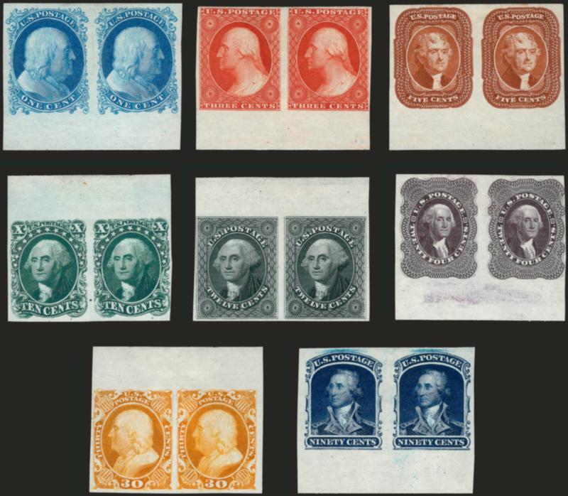 1c-90c 1857 Reprints, Imperforate (40 var-47 var).> The unique complete set of imperforate pairs, each with either top or bottom sheet margin, huge margins other sides except 24c barely touched at right, without
gum as issued, brilliant colors and de