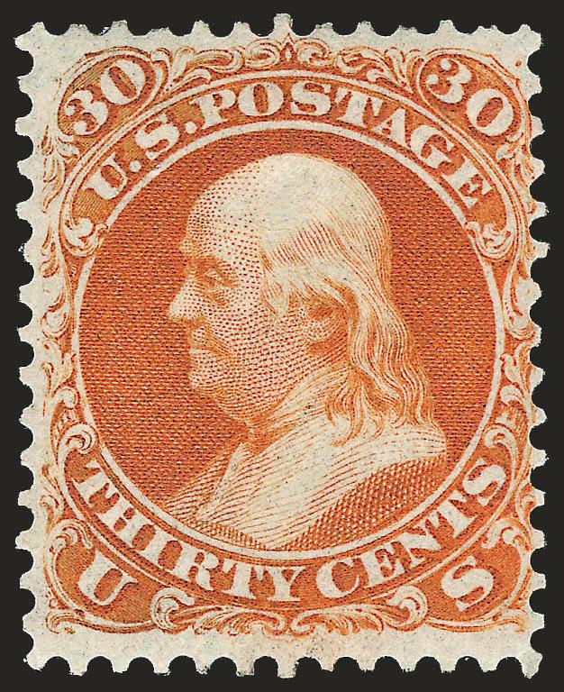 30c Red Orange, First Color (61).> Original gum, beautiful shade and impression, choice centering for this difficult issue, full perforations all around<><>^EXTREMELY FINE,. THIS IS WITHOUT QUESTION ONE OF THE
FINEST ORIGINAL-GUM EXAMPLES OF THE RA
