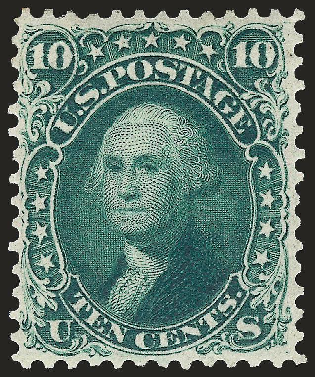 10c Dark Green, First Design (62B).> Original gum, neat hinge mark, intense shade and proof-like impression on bright paper, long and full perforations<><>^EXTREMELY FINE. A RARE SOUND AND EXCEPTIONALLY
WIDE-MARGINED ORIGINAL-GUM EXAMPLE OF THE 10-