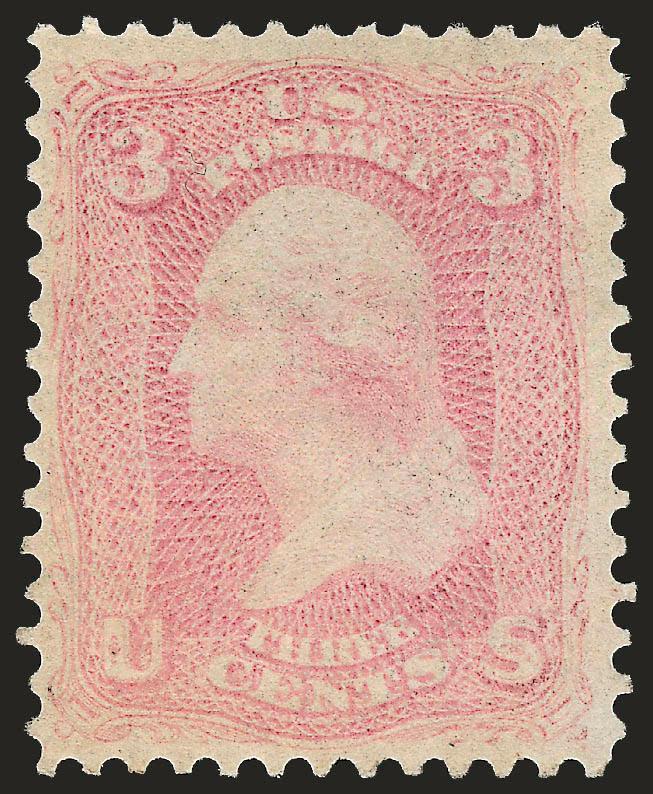 3c Pink (64).> Original gum, lightly hinged, bright color in the true Pink shade, choice centering<><>^VERY FINE AND CHOICE ORIGINAL-GUM EXAMPLE OF THE 1861 3-CENT PINK. ONE OF THE RAREST 1861 ISSUE SHADES IN
THIS CHOICE ORIGINAL-GUM CONDITION.^<>