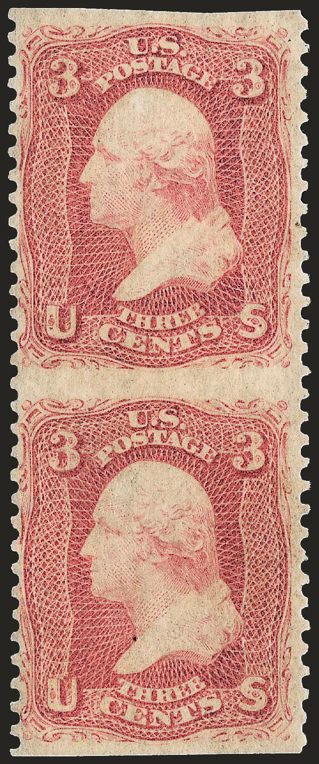 3c Rose, Vertical Pair, Imperforate Horizontally (65d).> Original gum, barely hinged, rich color and proof-like impression, wide margins at top and bottom<><>^VERY FINE AND CHOICE. A STUNNING PAIR OF THE 3-CENT
1861 ISSUE IMPERFORATE HORIZONTALLY,