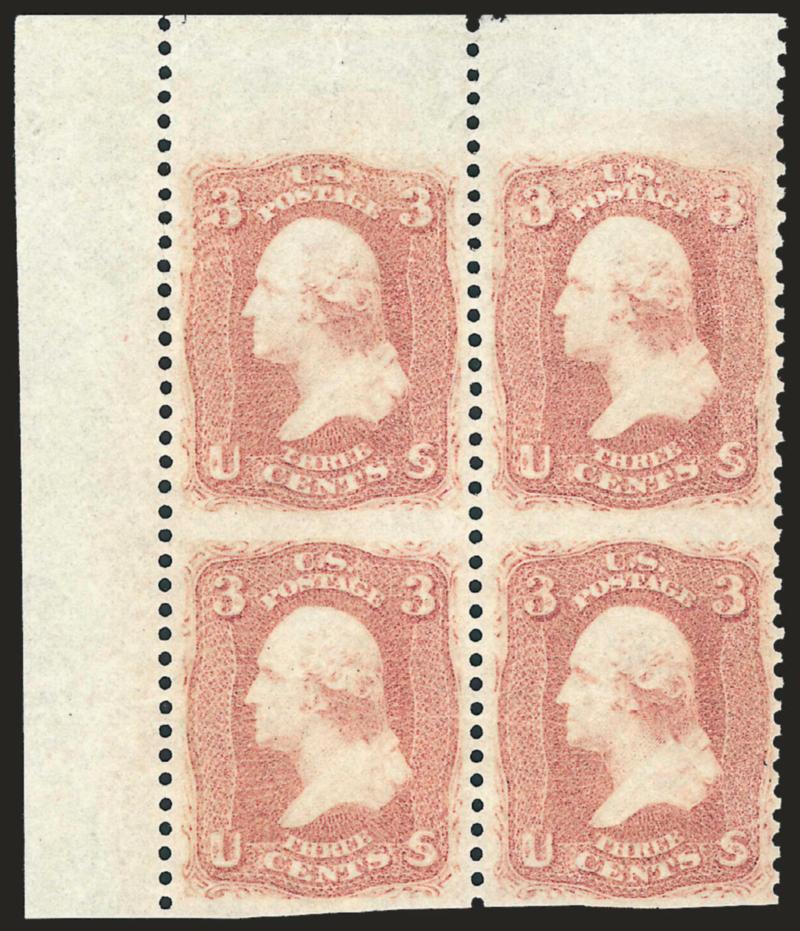 3c Rose, Vertical Pair, Imperforate Horizontally (65d).> Top left corner margin block of four, unused (no gum), large margins at bottom, choice centering side-to-side, bright color<><>^EXTREMELY FINE. A STUNNING
SHEET-MARGIN POSITION MULTIPLE OF TH
