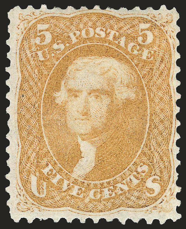 5c Brown Yellow (67a).> Original gum, lightly hinged, beautiful brilliant shade and impression on bright paper, a very early printing with fine detail of background and lathework clearly visible, choice
centering<><>^EXTREMELY FINE. THE 1861 5-CENT