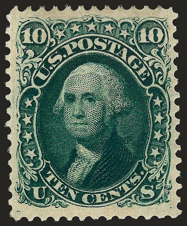 10c Dark Green (68a).> Original gum, lightly hinged, deep rich color and proof-like impression which at first glance looks more like the First Design (Scott 62B), choice centering with unusually wide
margins<><>^EXTREMELY FINE. A STUNNING ORIGINAL-