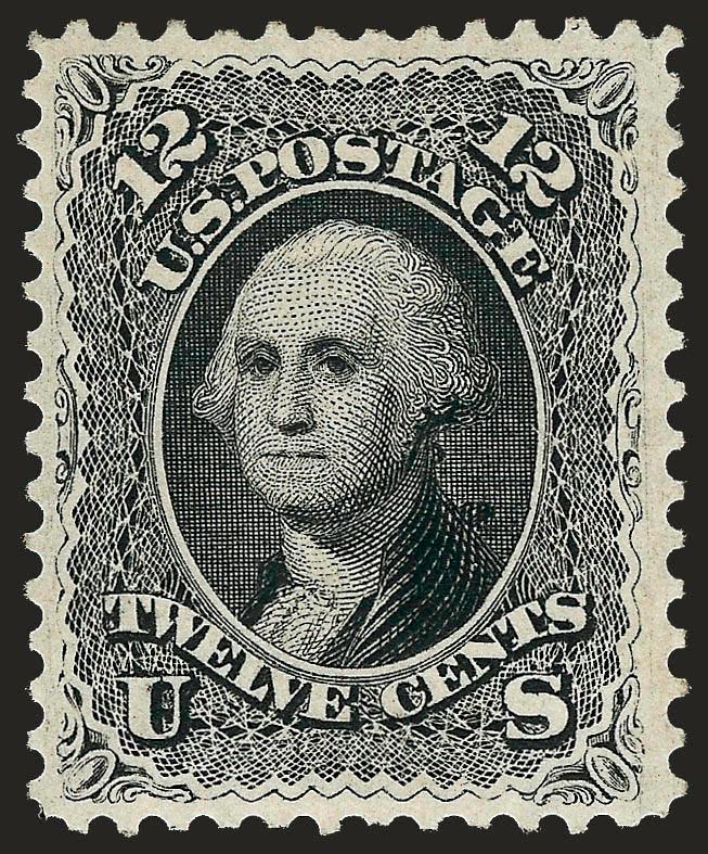 12c Black (69).> Original gum, lightly hinged, crisp shade and impression, wide margins, long and full perforations all around<><>^VERY FINE AND CHOICE. A BEAUTIFUL ORIGINAL-GUM EXAMPLE OF THE 12-CENT 1861 ISSUE
IN A WONDERFUL STATE OF FRESHNESS.^<