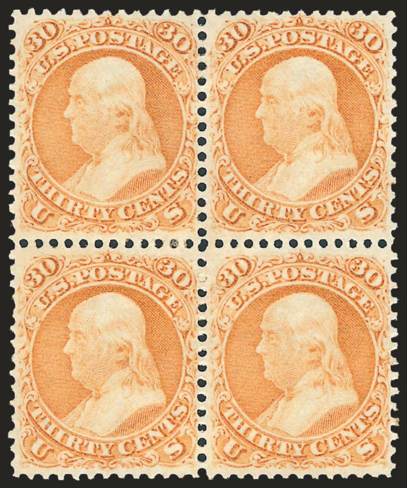 30c Orange (71).> Block of four, original gum, vibrant color as fresh as the day it was printed, each stamp is beautifully centered<><>^EXTREMELY FINE. A MAGNIFICENT ORIGINAL-GUM BLOCK OF FOUR OF THE 30-CENT 1861
ISSUE.^<><>As this block demonstr