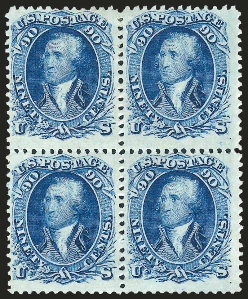 90c Blue (72).> Block of four, original gum, lightly hinged, rich color on crisp paper, wide margins<><>^FINE-VERY FINE. AN EXTREMELY RARE ORIGINAL-GUM BLOCK OF FOUR OF THE 90-CENT 1861 ISSUE. VERY FEW BLOCKS
SURVIVE.^<><>Ex Caspary, Lilly and Is