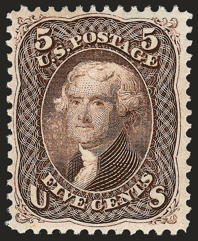 5c Brown (76).> Original gum, lightly hinged, brilliant color and detailed impression, wide margins<><>^VERY FINE ORIGINAL-GUM EXAMPLE OF THE 1863 5-CENT BROWN.^<><>With 1993 P.F. certificate
