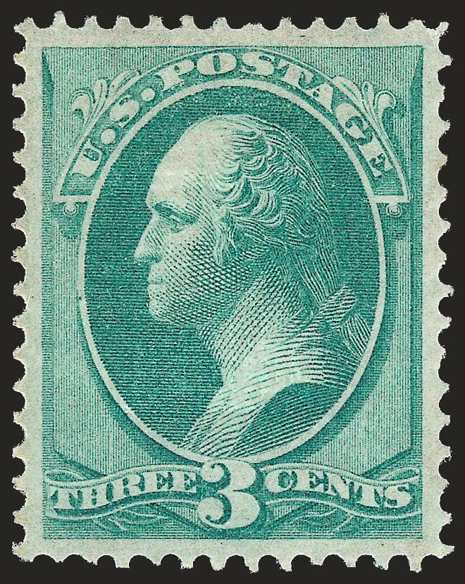 3c Green, Grill (136).> H. Grill, clearly-defined grill points, original gum, bright color, perfectly centered with wide and balanced margins<><>^EXTREMELY FINE GEM. A STUNNING ORIGINAL-GUM EXAMPLE OF THE 1870
3-CENT NATIONAL BANK NOTE COMPANY GRIL