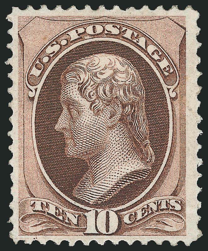 10c Brown, Grill (139).> H. Grill, original gum, several grill points visible to the left of the portrait, warm shade<><>^VERY FINE AND CHOICE. A BEAUTIFUL SOUND ORIGINAL-GUM EXAMPLE OF THE 1870 10-CENT
NATIONAL BANK NOTE COMPANY GRILLED ISSUE.^<>