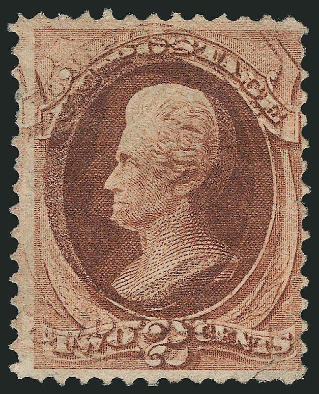 2c Red Brown, Double Impression (146d).> Unused (no gum), clear doubling with dramatic second impression shifted up and to the left, light creases and small repair<><>^FINE APPEARANCE. THIS EXAMPLE OF THE 1870
2-CENT UNGRILLED NATIONAL BANK NOTE CO