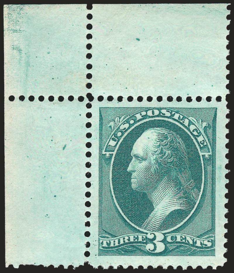 3c Green (158). Mint N.H.,> Jumbo margins and also with <top left corner selvage,> bright color, Extremely Fine, a stamp of massive proportions, with 1992 P.F. certificate, Scott Retail as hinged