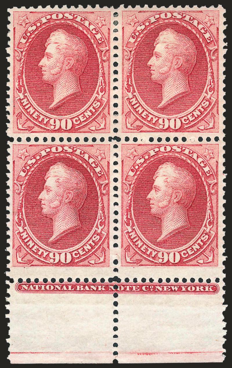 90c Rose Carmine (166).> Bottom margin block of four with <full ^NATIONAL BANK NOTE CO. NEW YORK^ imprint,> original gum, top pair lightly hinged, <bottom pair Mint N.H.,> beautiful bright color on fresh paper,
top stamps almost perfectly-centered,