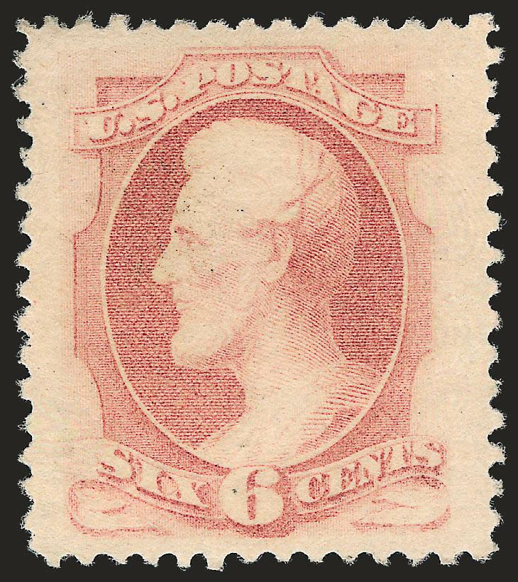 6c Pink (186).> Original gum, lightly hinged, brilliant color, enormous margins at sides and well-balanced from top-to-bottom<><>^EXTREMELY FINE. A BEAUTIFUL ORIGINAL-GUM EXAMPLE OF THE 1879 6-CENT AMERICAN
BANK NOTE COMPANY ISSUE. SCARCE WITH SUCH