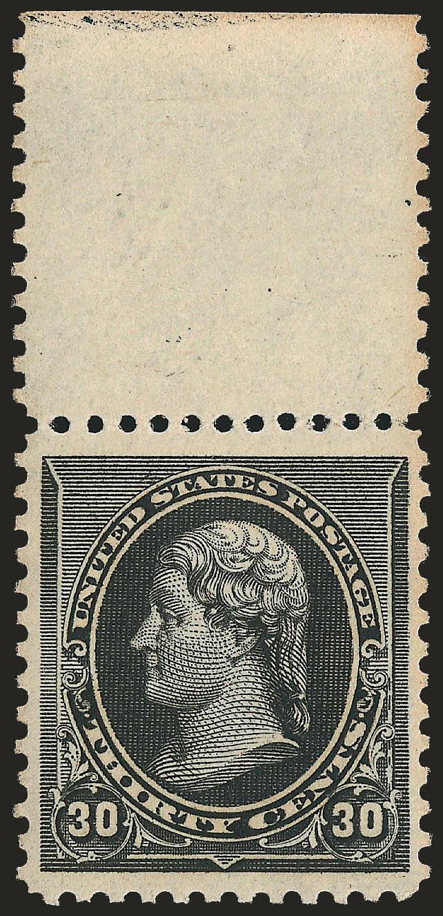 30c Black (228).> Mint N.H. with wide selvage at top, intense shade and impression, wide and balanced margins<><>^EXTREMELY FINE. A BEAUTIFUL MINT NEVER-HINGED EXAMPLE OF THE 30-CENT 1890 ISSUE.^<><>With 1990
and 1993 P.F. certificates