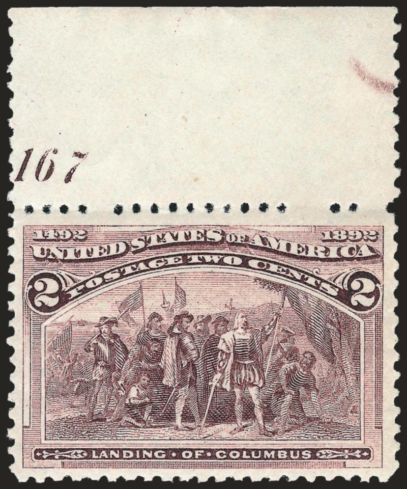 2c Columbian, Broken Hat (231 var).> Mint N.H. with wide selvage with <plate no. 167 at top,> brilliant color and remarkably detailed impression, wide margins, Very Fine and choice, with 2000 P.S.E.
certificate