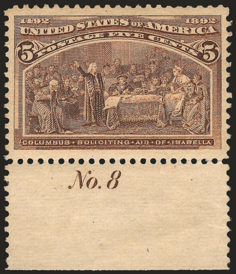 5c Columbian (234).> Mint N.H. with <plate no. 8 in bottom selvage,> pretty shade, wide and balanced margins, fresh and Extremely Fine, a stamp of great visual appeal, with 1993 P.F. certificate