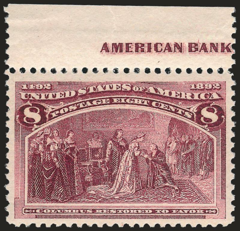 8c Columbian (236).> Mint N.H. with <part imprint in top selvage,> brilliant color on post-office fresh paper, wide and balanced margins, fresh and Extremely Fine, a beautiful stamp, with 1993 and 1995 P.F.
certificates, the former as a strip