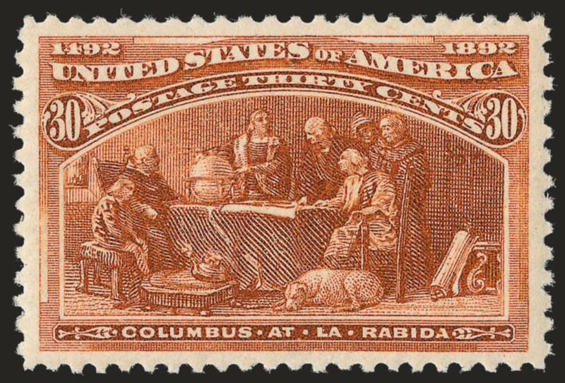 30c Columbian (239).> Mint N.H., radiant color as fresh as the day it was printed on post-office fresh paper, perfectly centered with wide margins<><>^EXTREMELY FINE GEM. THIS MAGNIFICENT MINT NEVER-HINGED
EXAMPLE OF THE 30-CENT COLUMBIAN ISSUE HAS