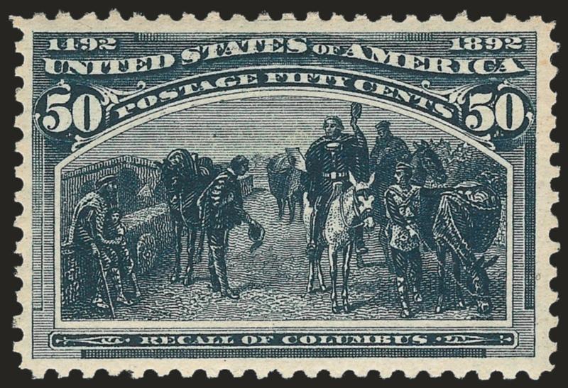 50c Columbian (240).> Mint N.H., deep rich color and proof-like impression, well-balanced margins<><>^VERY FINE AND CHOICE. A BEAUTIFUL MINT NEVER-HINGED EXAMPLE OF THE 50-CENT COLUMBIAN ISSUE.^<><>With 1996
P.F. certificate