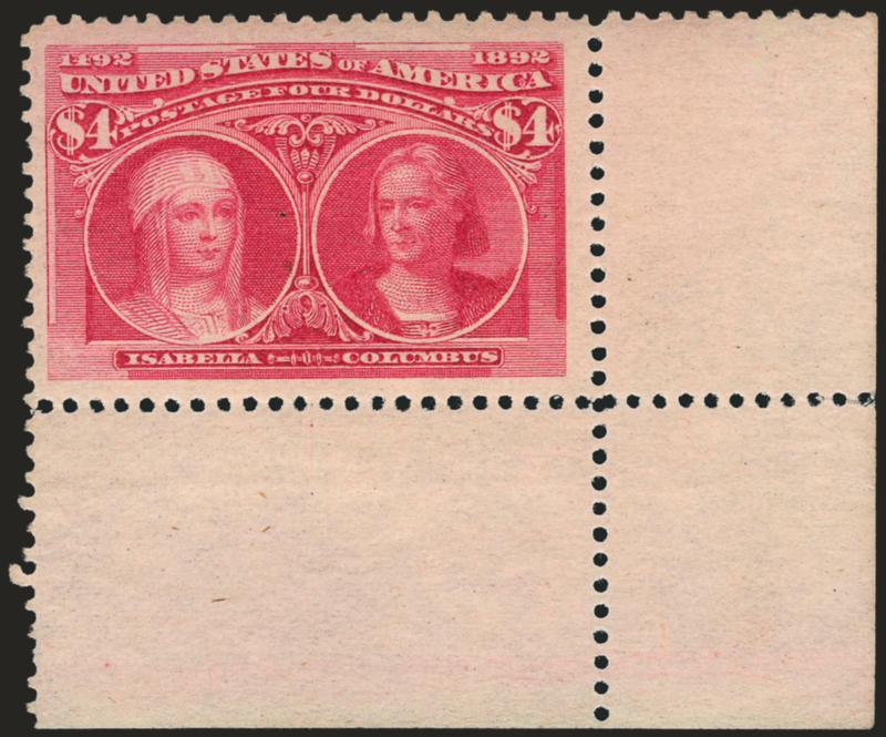 $4.00 Columbian (244).> Mint N.H. with <bottom right corner sheet selvage,> radiant color, Jumbo margins, tiny natural inclusion at center not mentioned on accompanying certificate<><>^VERY FINE AND CHOICE. A
JUMBO MINT NEVER-HINGED CORNER COPY OF
