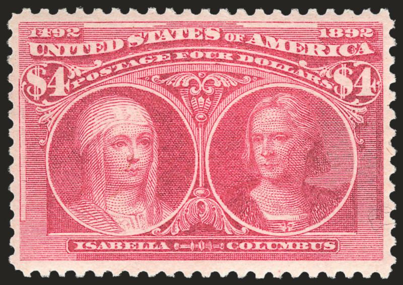 $4.00 Rose Carmine, Columbian (244a).> Mint N.H., vibrant shade on bright paper, well-proportioned and nicely balanced margins<><>^VERY FINE AND CHOICE. A RARE MINT NEVER-HINGED EXAMPLE OF THE $4.00 COLUMBIAN
IN THE ROSE CARMINE SUB-SHADE. A DIFFIC