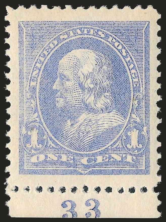1c Ultramarine (246).> Mint N.H. with <plate no. 33 at bottom,> radiant color as fresh as the day it was printed, choice centering with Jumbo margins<><>^EXTREMELY FINE GEM. A SUPERB MINT NEVER-HINGED EXAMPLE
OF THE 1894 ONE-CENT UNWATERMARKED BURE