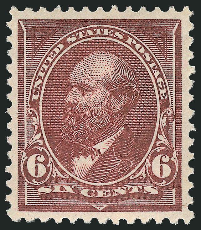 6c Dull Brown (256).> Mint N.H., deep rich color on bright white paper, perfectly centered with wide and balanced margins<><>^EXTREMELY FINE GEM. A BEAUTIFUL MINT NEVER-HINGED EXAMPLE OF THE 1894 6-CENT
UNWATERMARKED BUREAU ISSUE.^<><>With 1992 P