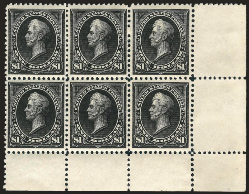 $1.00 Black, Ty. II (261A).> Bottom right corner sheet selvage block of six, <three bottom stamps Mint N.H.,> bottom right stamp has a tiny gum disturbance in the corner mentioned on new P.S.E. certificate,
which is so negligible they still call it M
