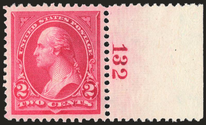 2c Carmine, Ty. II (266).> Mint N.H. <with plate no. 132 at right>, vivid color and proof-like impression, gorgeous centering with Jumbo margins<><>^EXTREMELY FINE GEM. A SUPERB EXAMPLE OF THE 2-CENT 1895 TY.
II WATERMARKED BUREAU ISSUE.^<><>With