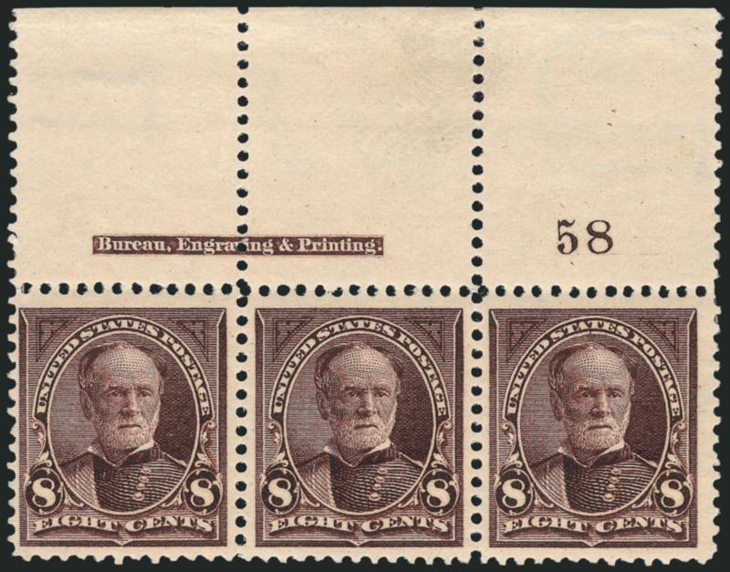 8c Violet Brown, USIR Watermark (272a).> Top <imprint and plate no. 58 strip of three,> original gum, barely hinged, stamps show S-U-R watermark and selvage shows I-S-U watermark (vertical orientation), wide
margins and choice centering -- especially