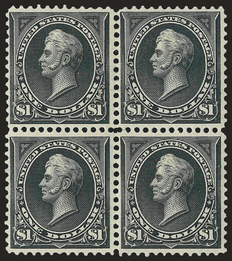 $1.00 Black, Ty. I (276).> Block of four, original gum, previously hinged, crisp shade and impression<><>^FINE-VERY FINE. A HANDSOME AND SCARCE ORIGINAL-GUM BLOCK OF THE 1895 $1.00 TYPE I BUREAU ISSUE.^<><>With
1985 and 2008 P.F. certificates