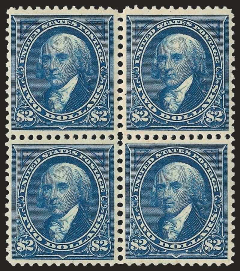 $2.00 Bright Blue (277).> Block of four, original gum, lightly hinged, beautiful deep shade, unusually choice centering<><>^VERY FINE ORIGINAL-GUM BLOCK OF FOUR OF THE 1895 $2.00 WATERMARKED BUREAU
ISSUE.^<><>Blocks of the dollar-value Bureau Iss