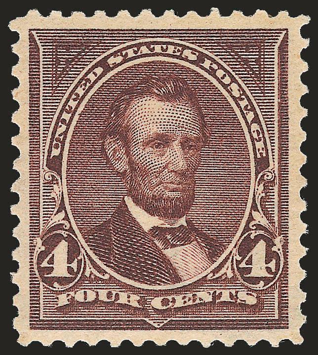 4c Lilac Brown (280a).> Mint N.H., unusual shade with great visual appeal, wide and balanced margins, Extremely Fine Gem, with 1990 and 2000 P.F. certificates and 2008 P.S.E. certificate (XF-Superb 95), this is
the highest grade awarded to a stamp in