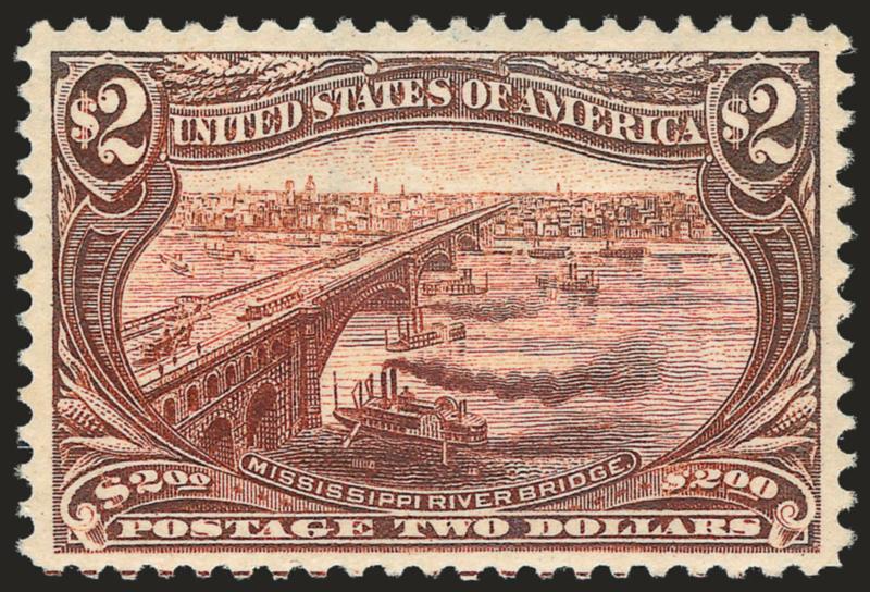 $2.00 Trans-Mississippi (293).> Mint N.H., intense shade and impression, unusually choice centering with wide and balanced margins, long and full perforations all around<><>^EXTREMELY FINE. THE $2.00
TRANS-MISSISSIPPI IS AN EXTREMELY DIFFICULT ISSU
