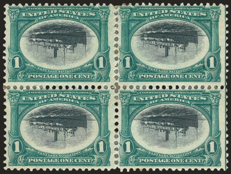 1c Pan-American, Center Inverted (294a).> Block of four, rich colors, small hinge-reinforced perf separations, insignificant toned perf tips not mentioned on accompanying certificate<><>^FINE AND RARE BLOCK OF
FOUR OF THE ONE-CENT PAN-AMERICAN INVE